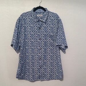 Silk Tommy Bahama Navy and White Patterned Shirt